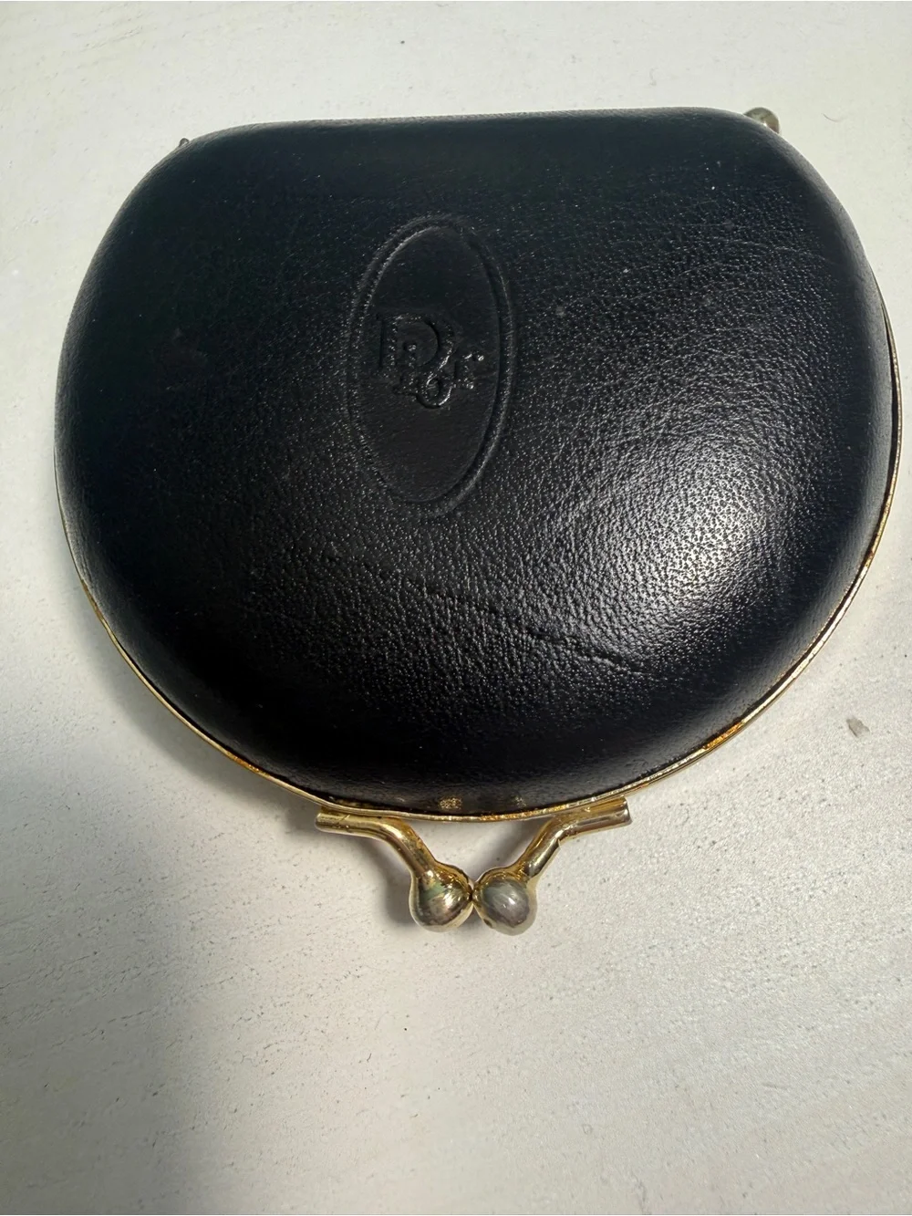 Vintage Christian Dior Black Leather Kiss-Lock Coin Purse Pouch Gold-Tone Logo